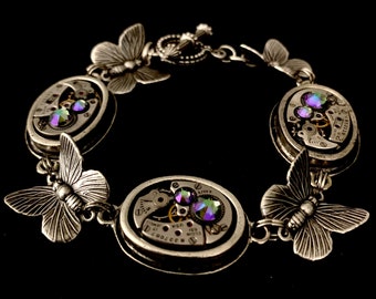 Butterfly charm Bracelet Steampunk Jewelry Bracelet - In the Works - Steampunk watch parts charm bracelet