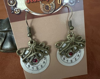 Octopus earrings with vintage watch dials Steampunk Earrings Watch parts earrings - recycled - ruby Swarovski Womans earrings