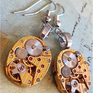 Gold Hamilton watch movement - Steampunk Earrings - Repurposed jewelry