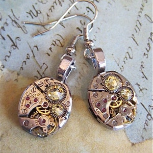 Bulova Mechanical watch movement earrings with Citrine Swarovski crystals - Steampunk Earrings - Repurposed