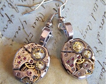 Bulova Mechanical watch movement earrings with Citrine Swarovski crystals - Steampunk Earrings - Repurposed