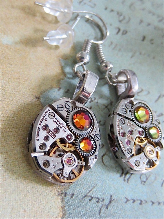 Bulova Watch Movement Earrings Steampunk Ear Gear Volcano