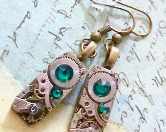 Steampunk watch movement earrings  - Emerald Earrings - Repurposed art