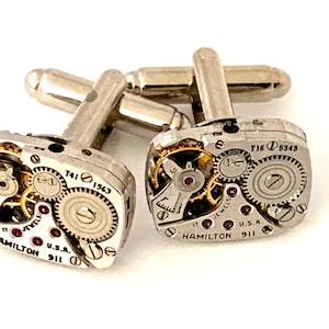 Genuine Hamilton movement Steampunk Cufflinks Matching Vintage Silver Luxury Jeweled Movement Cufflinks for him Men Wedding Gift