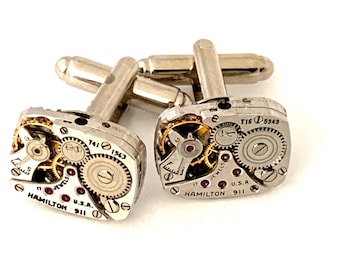 Hamilton Steampunk Cufflinks, Vintage Silver Jeweled Watch Movement