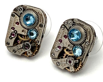 Steampunk Stud Earrings with Mechanical Watch Movement, Steampunk Earrings , Steampunk jewelry, Aqua Marine Swarovski crystals