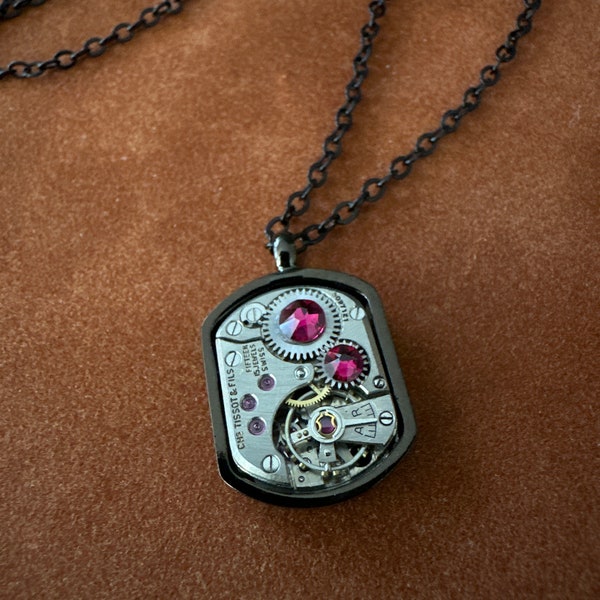 Steampunk  watch movement  necklace  Black with black and gold chain - Swarovski Crystal in Fuscia  - birthday for her