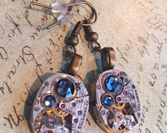 Steampunk earrings watch parts Hamilton movements Deep Blue earrings Steampunk Watch movement Handmade Bridesmaid Gift Birthday for her