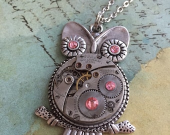 Steampunk Pendant - Who's Time - Steampunk Necklace - Owl pendant Swarovski crystals in Peach Rose