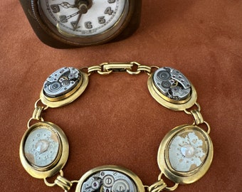 Steampunk Jewelry Bracelet - In the Works - Steampunk watch parts charm bracelet Gold with   Vintage Elgin watch movements