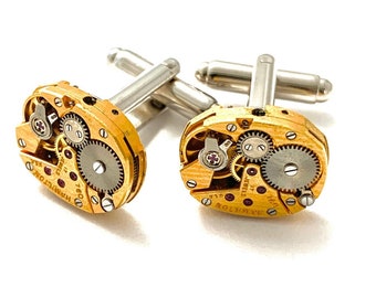 Genuine Gold Hamilton movement Steampunk Cufflinks - Matching Vintage Luxury Pinstriped Jeweled Movement Cufflinks for him Men Wedding Gift