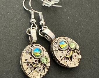 Steampunk ear gear - watch movement earrings with Peridot shimmer Swarovski crystals - Steampunk Earrings - Repurposed art