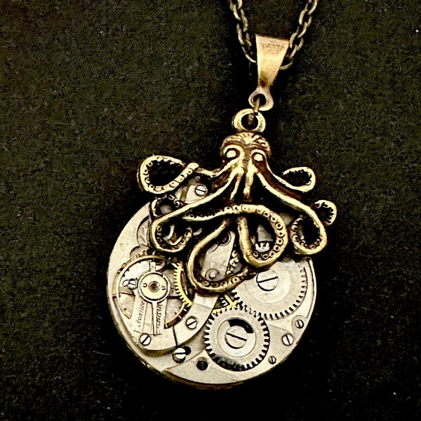 Octopus pendant Steampunk pocket watch movement necklace - under the sea - Repurposed Upcycled pocket watch parts