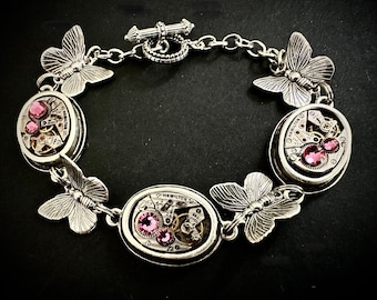 Antique Silver Butterfly Bracelet Steampunk Jewelry Bracelet butterfly charm bracelet personalized with your choice of Swarovski crystals