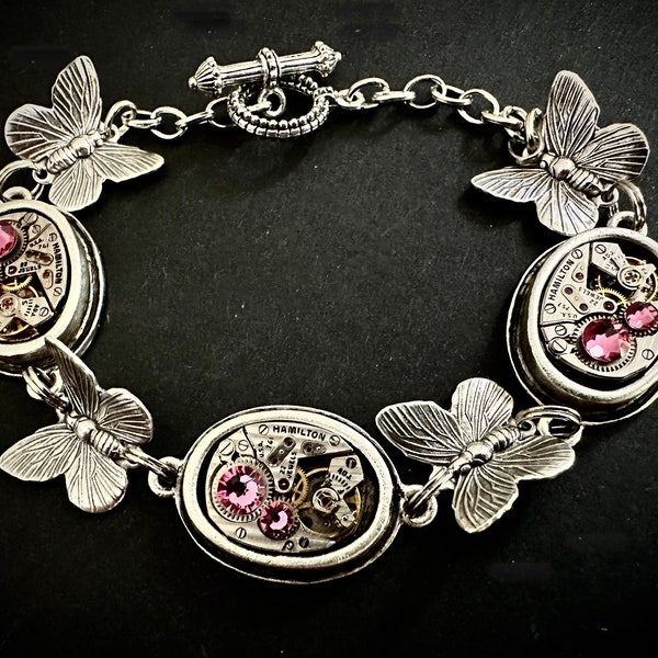 Antique Silver Butterfly Bracelet Steampunk Jewelry Bracelet butterfly charm bracelet personalized with your choice of Swarovski crystals