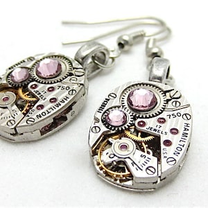 Steampunk ear gear - Light Amethiyst - Hamilton watch movement - Steampunk Earrings - gift for her - Birthday gift Repurposed