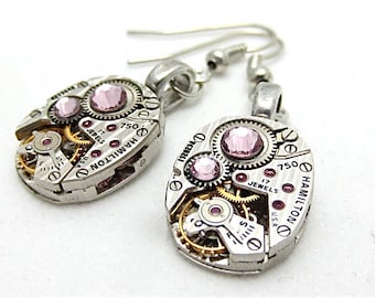 Steampunk ear gear - Light Amethiyst - Hamilton watch movement - Steampunk Earrings - gift for her - Birthday gift Repurposed