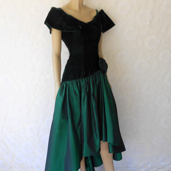 Vintage Evening Dress, Vintage 80's Emerald Green Velvet Evening, Prom, Cocktail, Party Dress