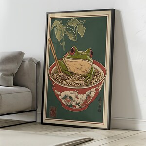 Japanese Frog Ramen Art Print - Funny Ukiyo-e Noodle Poster - Kawaii Kitchen Wall Decor - Quirky Foodie Gift - Aesthetic Froggy Illustration