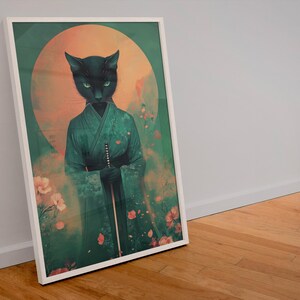 Watercolour Japanese Ninja Cat Poster - Samurai Warrior Cat Art Print - Japanese Style Decor - Feline Ninja Wall Art Gift
