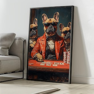ビンテージ フレンチブルドッグ ポーカー ポスター | カジノでトランプをするレトロな犬 | カジノとポーカーの壁アート l バーとゲームルームの部屋の装飾