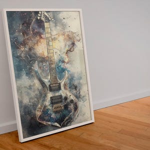 Electric Guitar Watercolour Galaxy Poster –  Metallic Silver Guitar Art Print - Galactic Guitar Wall Decor - Guitar Lovers & Music Fan Gifts
