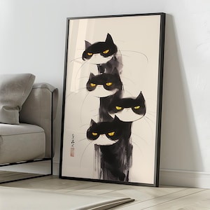 Arte mural de gatos negros apilados / Póster de gato estilo pintura con pincel japonés / Impresión de gato con lavado de tinta zen en papel artístico mate premium