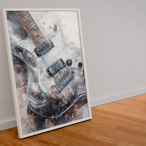 Electric Guitar Watercolour Poster –  Metallic Silver & Gold Guitar Art Print - Galactic Guitar Wall Decor - Guitar Lovers Gift