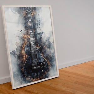 Electric Guitar Concert Art Print – Watercolour Electric Guitar Print - Close-Up Midnight Black Guitar with Dynamic Light, 4K Illustration