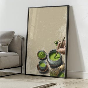 Matcha Ceremony Wall Art – Japanese Green Tea Whisking Illustration, Rustic Minimal Kitchen Print, Zen Tea Lover Gift Poster
