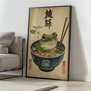 Japanese Frog Ramen Art Print - Ukiyo-e Style Noodle Poster - Funny Kawaii Kitchen Wall Decor - Gift for Ramen Lovers - Froggy Aesthetic