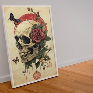 Skull Art Poster Vintage Japanese Style Decor with Red Sun, Roses & Butterflies, Gothic Wall Print, Dark Aesthetic Home Decor Tattoo Style