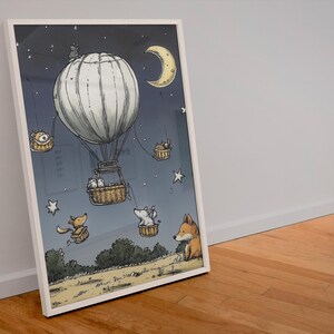 Animal Hot Air Balloons in Starry Night Poster - Woodland Wildlife, Enchanting Nursery Wall Art, Magical Kids Room Decor