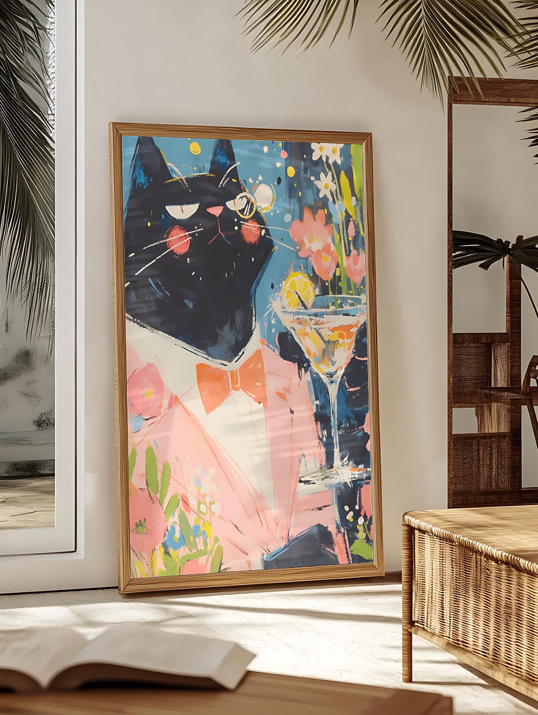 Mid Century Black Cat Poster – Floral Cocktail in Pink Suit – Premium ...