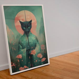 Japanese Ninja Cat Poster - Watercolour Art Print - Samurai Warrior Cat Wall Decor - Japanese Style Home Art - Ninja Cat Gift