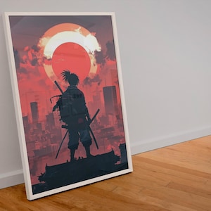 Japanese Ninja Warrior Anime Poster l  Dynamic Red, White, & Black Comic Style Art  l Bold Manga Wall Art for Fans