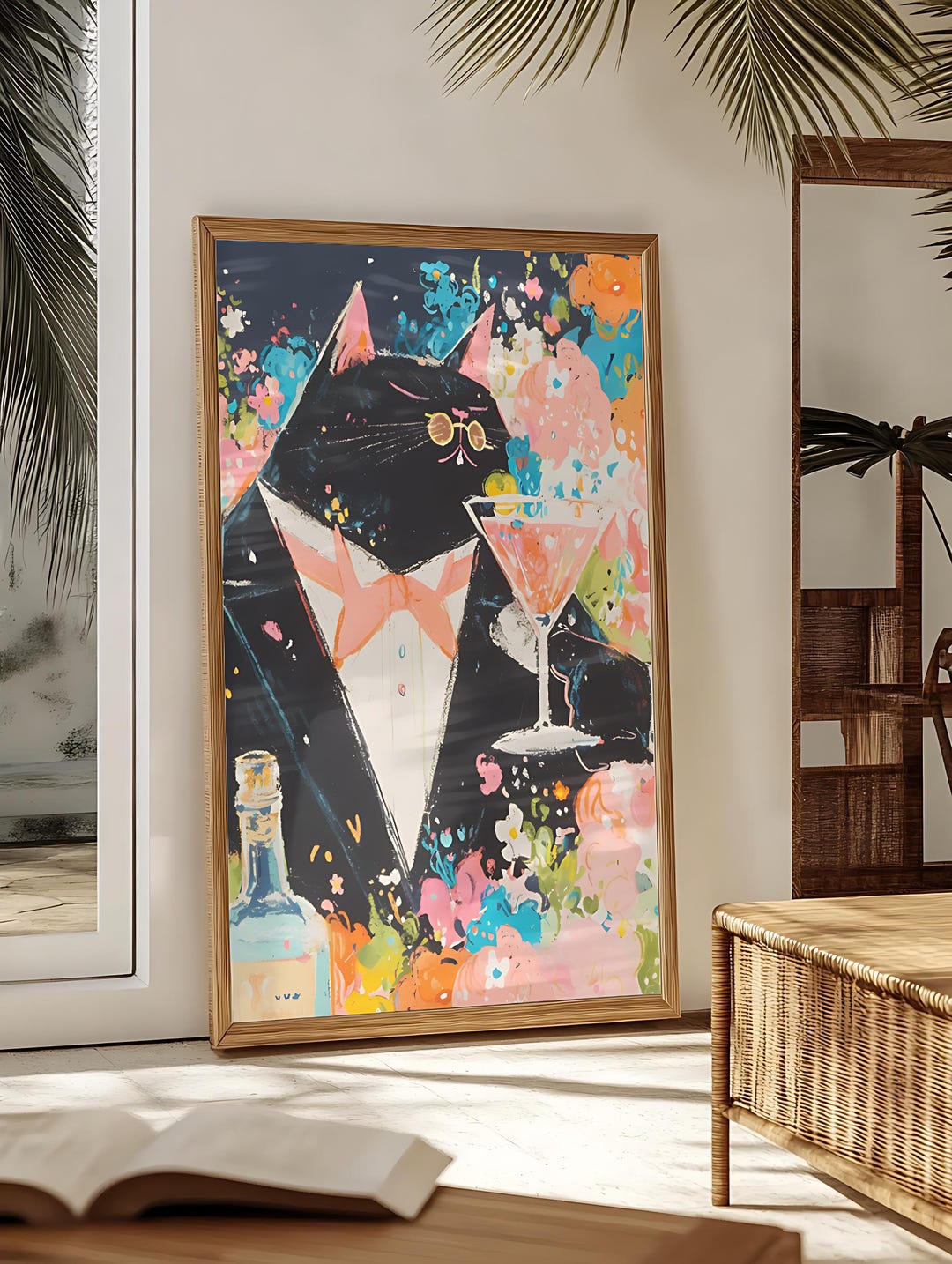 Mid Century Black Cat Poster – Tuxedo Cocktail & Floral Art – Premium ...