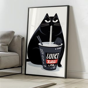 Cool Black Cat Ramen Art Print - Aesthetic Moody Cat Illustration - Japanese Anime Food Decor - Funny Noodle Lover Gift - Trendy Wall Art