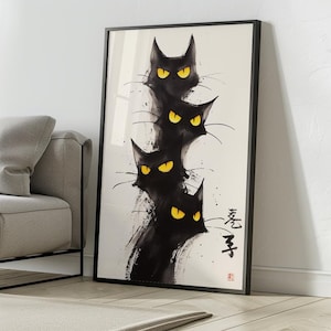 Impresión de arte mural de gatos negros / Póster de gato estilo sumi-e con tinta japonesa / Pintura con pincel zen sobre papel mate premium / Decoración minimalista de gatos