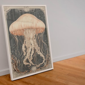 Vintage Coastal Jellyfish Poster - Intricate Nautical Wall Art, Marine Botanical Decor with Seaweed & Ocean Wildlife Details
