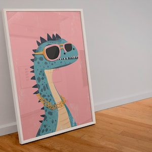 Pink Dinosaur Wall Art - Cute Pink Dinosaur Poster Print - Scandi/Trendy Kids Bedroom Wall Art - Pink Dinosaur Room Decor - Cool Kids Art