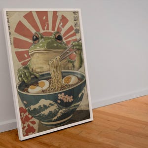 Vintage Frog Eating Ramen Wall Art Retro Japanese Poster Print Unique Kitchen Decor Noodle Lover Gift Cute Frog Illustration Kawaii