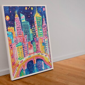 Póster de la línea del horizonte de una ciudad nocturna | Arte urbano ultra detallado dibujado a mano | Póster de ciudad colorido