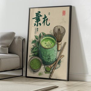 Japanese Matcha Tea Art Print – Traditional Matcha Ceremony Illustration, Vintage Botanical Kitchen Poster