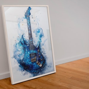 E-Gitarre Poster - Blaue Aquarell Gitarre Poster - Elegante Gitarre - Musikzimmer Wanddekoration - Musikzimmer Kunstdrucke