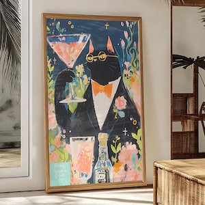 Elegancki czarny kot – sztuka ścienna w stylu boho w salonie koktajlowym, estetyka kwiatowa, zabawny koci wystrój, plakat na wózek barowy, ekscentryczny prezent dla miłośnika kotów