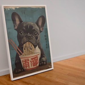 Vintage Style Japanese French Bulldog Eating Ramen Poster Print | Retro Dog Noodle Wall Art Decor Gift | Kawaii Foodie Kitchen Decor Prints!