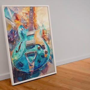 Electric Guitar Art Print – Classic Turquoise Guitar with Retro-Futuristic Cityscape, 4K Illustration