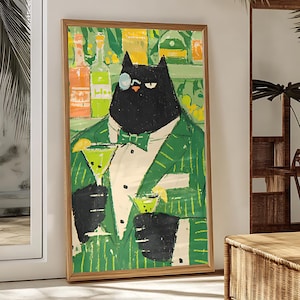 Impression d&#39;art sophistiquée de chat noir - décoration de salon de cocktail chic, esthétique de bar vintage, affiche de chat fantaisiste, cadeau pour amateur de Martini