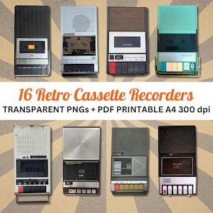 Retro Kassette Tonbandgeräte - Digitale Grafiken Clip Art Foto PDF PNG Bilder für Canva, Photoshop, Collage und Musik Junk Journals